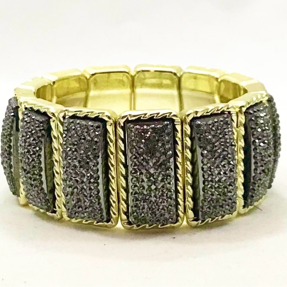 Gold and Silver Acrylic Chunky Stretch Bracelet Texture Shiny Links - Picture 1 of 3